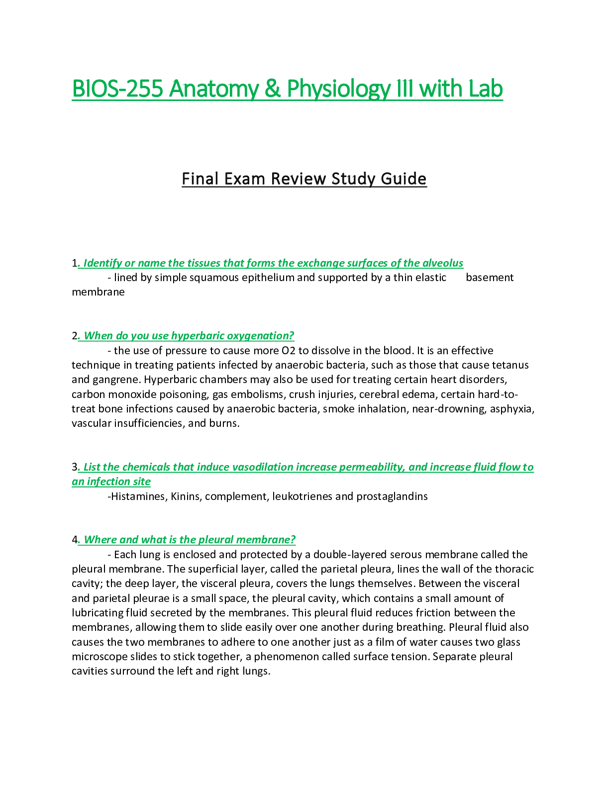 Preview of BIOS 255 / BIOS255 Final Exam Review Study Guide  : Anatomy & Physiology III / A&P III - C